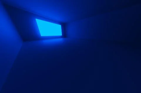 Side view full frame of empty room with blue neon display. 3d rendering illus Stock Illustration