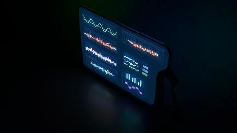 Side view of futuristic glowing tablet 3D render Stock Illustration