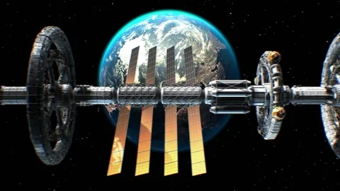 Side view of a giant sci-fi interplanetary spaceship flying on Earth background Stock Footage 85035414