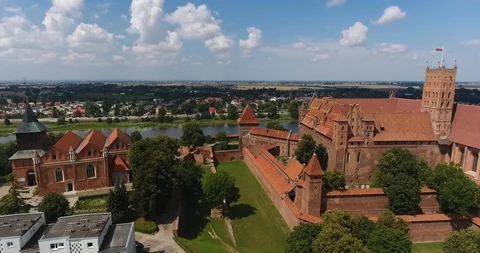 Side View Of Gothic Medieval Castle In Poland. Aerial Shot Stock Footage 93214630