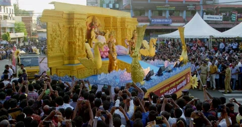 Side-view of a grand tableau portraying Hindu Gods and Goddesses in their Stock Footage 170527410