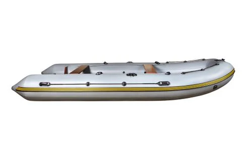 Side view on the gray inflatable rubber boat Dinghy PVC. Stock Photos