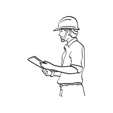 Side view half length mechanical engineer worker working tablet computer Stock Illustration