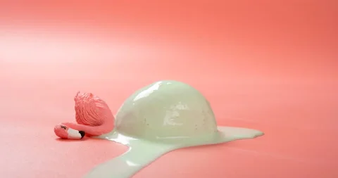 Side view hami melon flavor ice cream ball melting timelapse with a flamingo Stock Footage 148898283