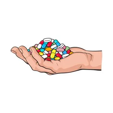 Side view hand holding pile, handful of pills, tablets, medicine Stock Illustration