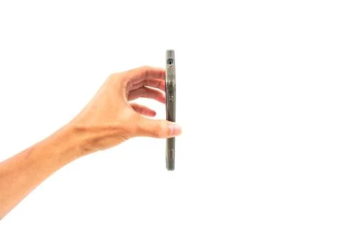 Side View of Hand Holding Slim Smartphone in Clear Case Isolated on White B.. 스톡 사진