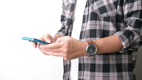 Side view. Hand of man using smartphone.  Stock Footage 196149941