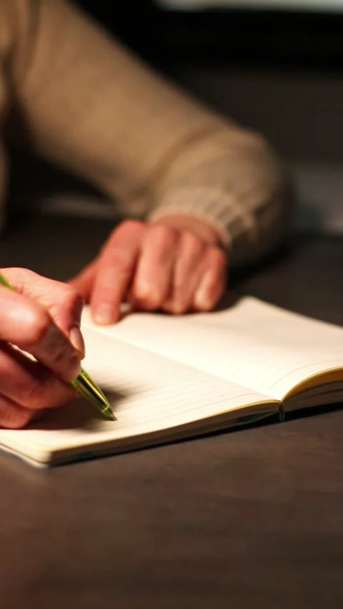 Side view of hand writing notes with pen in plain notebook. Minimalist Stock Footage 310267458