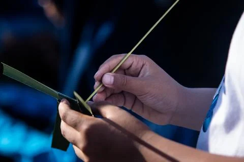 Side View of Hands Inserting Thin Leaf Midrib Stick into Center Axis of Han.. Stock Photos