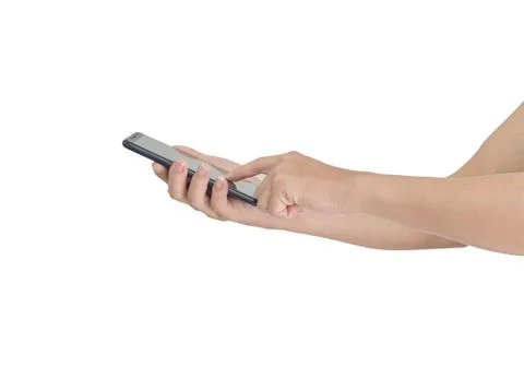Side view of hands touching smartphone isolated on white background. with cli Stock Photos