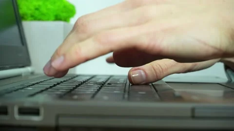Side view hands typing on laptop. Green plant in a pot in the background Stock Footage 237374116