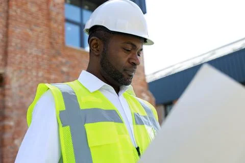 Side view of the handsome engineer wearing white helmet and holding building Stock Photos