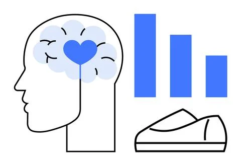 Side view of a head with a heart in the brain, bar chart, and a pair of shoes Stock Illustration