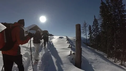 Side view of Hikers walking on Fresh Snow Reaching Chalet, Ultental, Trentino Stock Footage 83987744