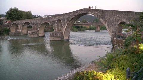 Side view of the Historic Stone Bridge of Arta Greece Video stock 343740185