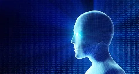 Side view of human head and binary code. Model isolated on blue background, a Stock Illustration