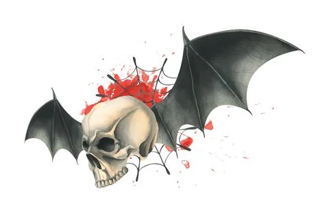 Side view of a human skull with black bat wings with a bloodstain and cobwebs Stock Illustration