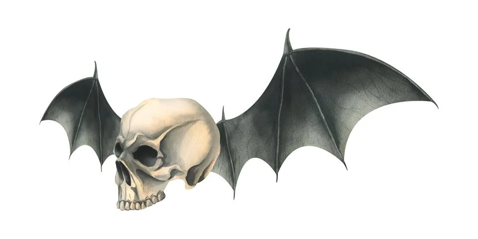 Side view human skull with black bat wings for death day holiday and halloween イラスト素材