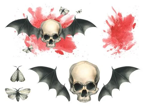 Side view of a human skull with black bat wings with a bloodstain and night Illustrazione stock
