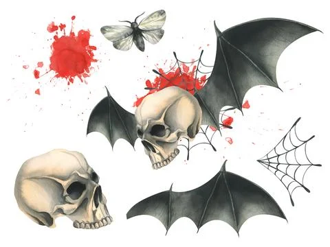 Side view of a human skull with black bat wings with a bloodstain and cobwebs Stock Illustration