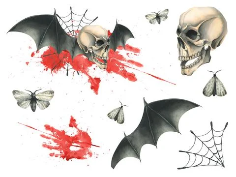 Side view of a human skull with black bat wings with a bloodstain and cobwebs Illustrazione stock