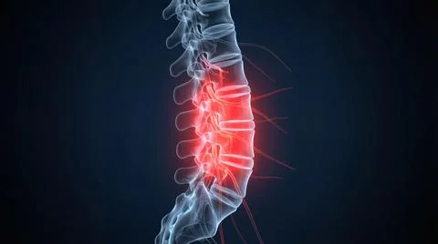 Side view human spine lumbar vertebrae highlighting pain inflammation medic.. Stock Illustration