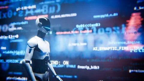 Side view humanoid AI robot assistant with digital code background. Stock-Illustration