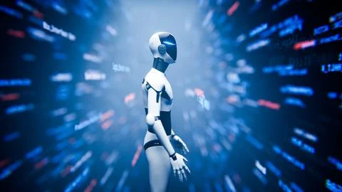 Side view humanoid AI robot assistant in digital code tunnel. Ilustração Stock