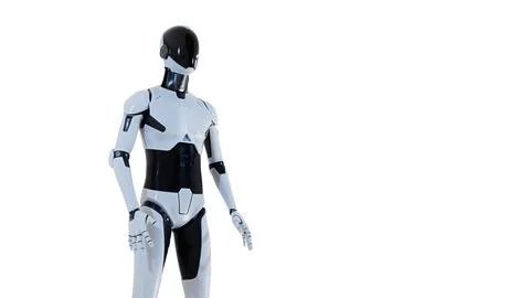 Side view humanoid AI robot assistant isolated on white background. Illustrazione stock