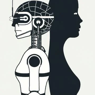Side view of a humanoid robot and a woman standing back to back. Artificial Stock Illustration