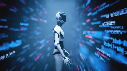 Side view humanoid robot assistant in coding tunnel loop animation. Stock Footage 347388525