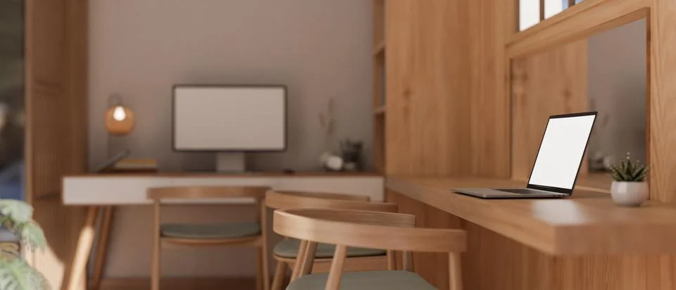 Side view image of a laptop computer mockup on a wooden table in a cosy, Sc.. 스톡 일러스트