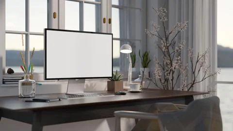 Side view image of a modern home office with a computer desk near by a window Stock Illustration