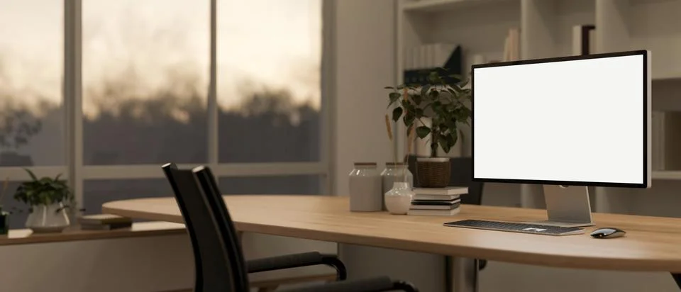 Side view image of a modern private office with a white-screen computer moc.. Stock Illustration