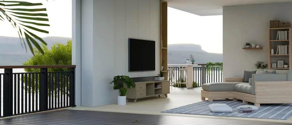 Side view image of a modern spacious living room interior design Stock Illustration