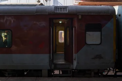 Side view of an Indian Railways train carriage with open doorway at Jaipur Stock Photos