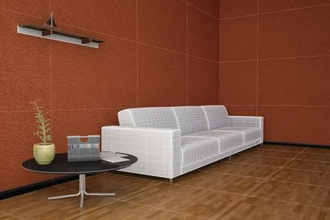Side view of an interior rendering of a living room with textures and wirefra Stock Illustration