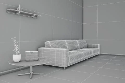 Side view of an interior rendering of a living room in wireframe Stock Illustration