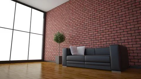 Side view of an interior rendering of a living room with textures and wirefra Stock Illustration