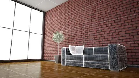 Side view of an interior rendering of a living room with textures and wirefra Stock Illustration
