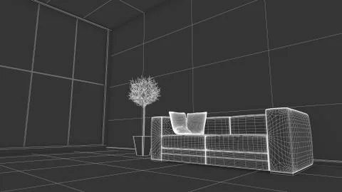 Side view of an interior rendering of a living room in wireframe Stock Illustration