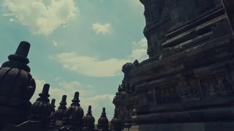 Side View of Intricate Stone Carvings and Stupas at Temple Stock Footage 333325851