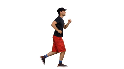 Side view jogging male in red shorts and black t shirt, alpha channel 스톡 동영상 86021931