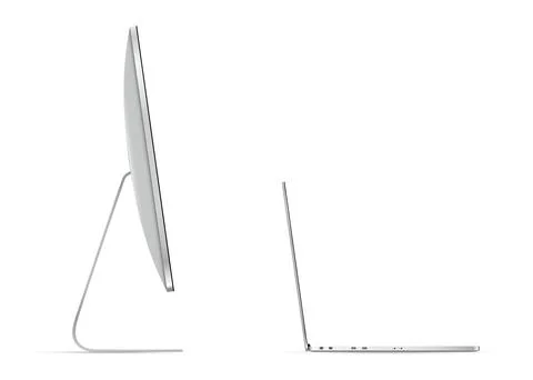 Side view of laptop and computer monitor with blank screen isolated on white  Stock Illustration