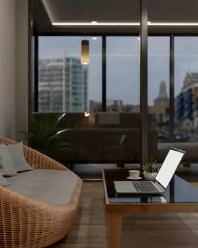 A side view of a laptop on a coffee table in the living room of a contempor.. Stock Illustration