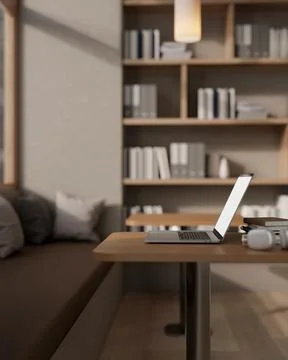 A side view of a laptop on a wooden table in a cozy contemporary coffee sho.. Stock Illustration