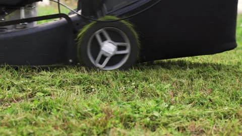 Side view of a lawn mower moving across the lawn. Stock Footage 316801586
