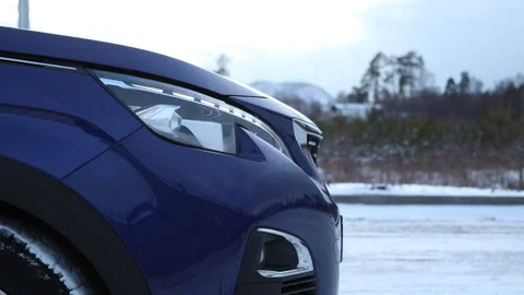 Side view. LED headlights, daytime running lights and blue SUV grille Stock Footage 163308854