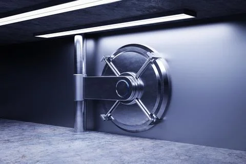 Side view of light silver bank vault door, closed.  3D Illustration Ilustración de archivo