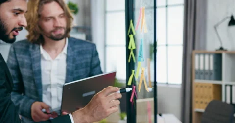 Side view of likable positive successful experienced two bearded coworkers which Stock Footage 157988394